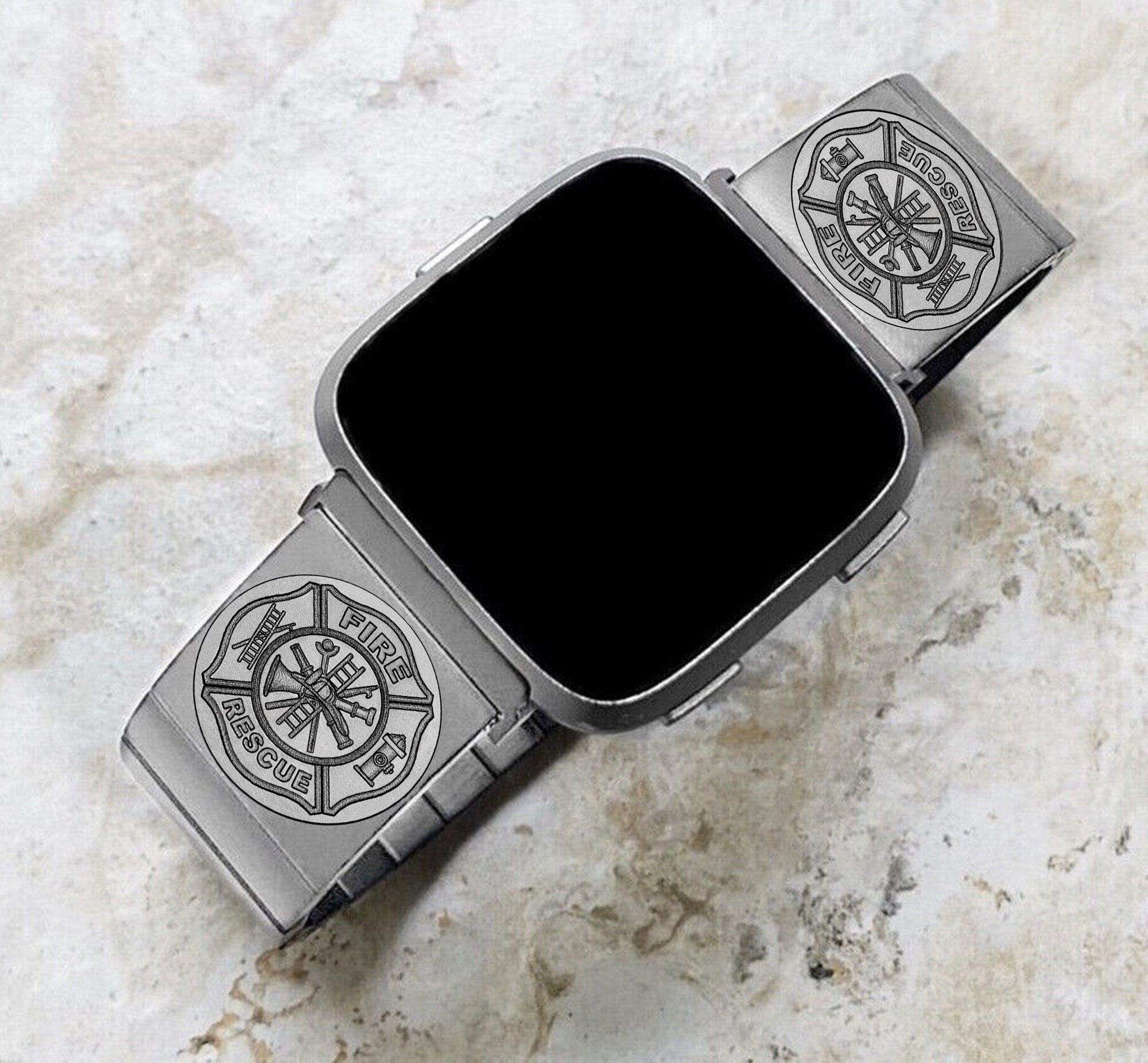 Engraved Watch Band Compatible with Fitbit Versa Lite 2 3 4 and Sense 2 Smartwatches Silver Color Stainless Steel Bracelet Strap F1